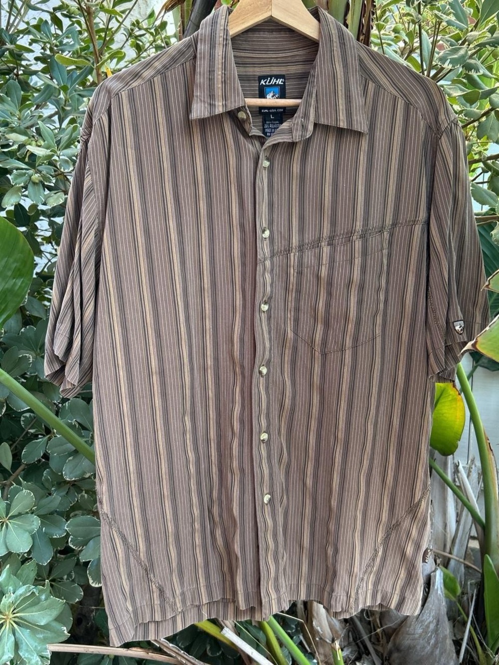 Kuhl Striped Camp Shirt Mens Large Brown Modal Blend Short Sleeve